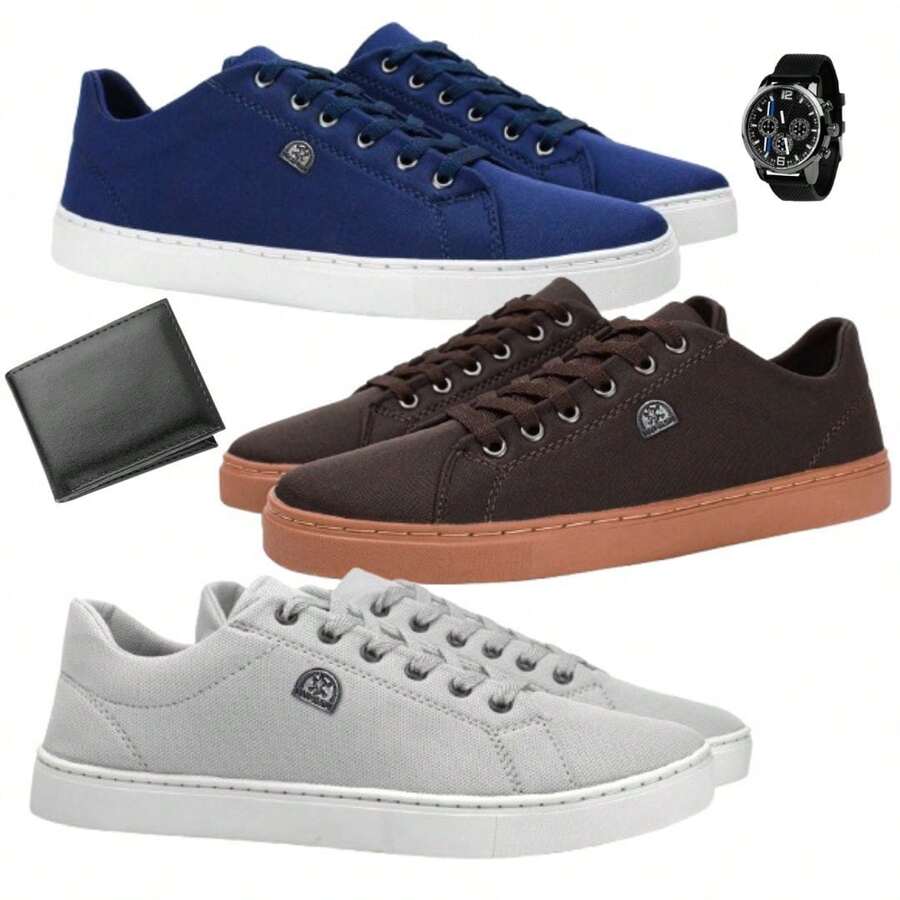 Kit Of 3 Pairs Of Men's Sneakers + Watch + Wallet - Complete Combo: Comfort, Style, And Savings - Unmissable! - 藍/棕/灰 - 查看 1