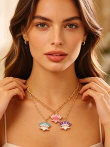 Vintage Elegant Colorful Lotus Flower Pendant Necklace, Women's Lotus Flower Choker Necklace, Suitable For Daily, Party, Date, Festival, Summer Beach Vacation, Gift For Friends, Family, Couples, Jewelry Accessory - Multicolor - View 3