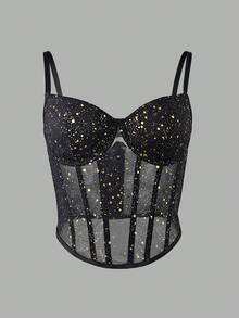 Áo corset xuyên thấu màu đen và vàng gợi cảm - Đa năng cho tiệc tùng, hẹn hò, dạo phố và trang phục thường ngày. - màu đen - Xem 7
