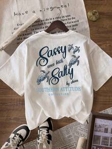 Women's Summer T-Shirt With Turtle Print And "Sassy Since Salty" Graphic Summer Tops Graphic Tees Women Ocean, Turtle Pattern Printed T-Shirt, Suitable For Summer, Seaside Vacation, Beach Wear, Suitable For Loose And Comfortable Tops, White T-Shirt - 白色 - 查看 6