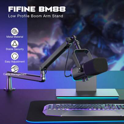  Soporte de micrófono ajustable y discreto FIFINE BM88 Versión Global con abrazadera de escritorio, adaptador de tornillo, gestión de cables, adecuado para podcasting, transmisión en vivo, juegos, estudio de grabación