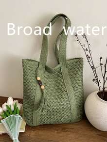 Minimalist Solid Color Large Capacity Commuter Straw Bag, Artistic Wide Braid Handbag, Vacation Style Shoulder Bag - Green - View 2