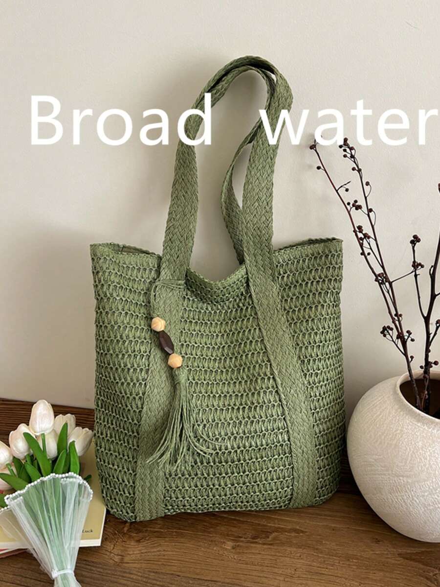 Minimalist Solid Color Large Capacity Commuter Straw Bag, Artistic Wide Braid Handbag, Vacation Style Shoulder Bag