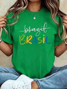 White Brasil Colorful Letter Print T-Shirt, Women Crew Neck Short Sleeve Casual Tee, Brazil National Flag Color Graphic Summer Vacation Loose Fit Top - 綠色 - 查看 10