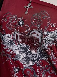 2026 Summer Collection,ICON Women's Plus Size Autumn/Winter Warm Retro Distressed Sexy Fashion Avant-Garde Bold Street Style Millennial Y2K Dark Gothic Punk Skull Rose Pattern Loose T-Shirt Gothic Summer Clothes Gothic Clothing For Women,Sizes 3–7XL, Free Shipping,  Within 24 Hours - 紅色 - 查看 6
