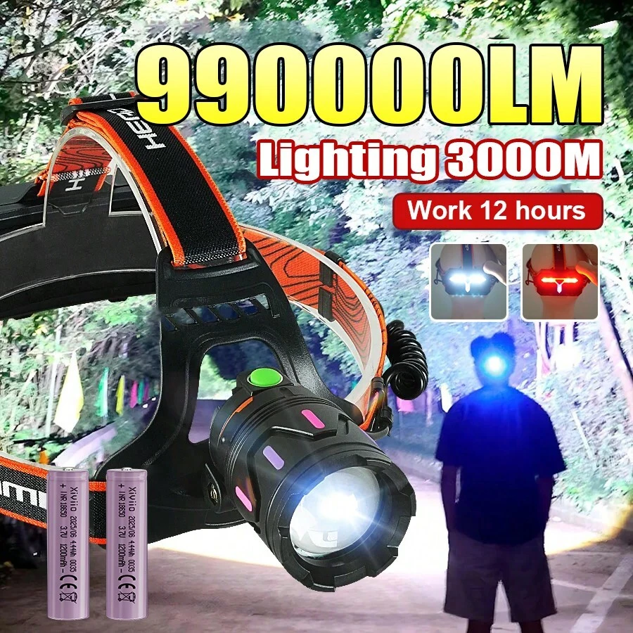 990,000 Lumens Super Bright Outdoor Headlamp, 30W LED Headlight, 18650 Battery, 3000m Long Range, USB Rechargeable Camping Headlamp - 黑色 - 查看 1