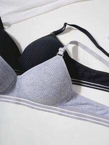 3pcs Seamless Ribbed Triangle Cup Mesh Bras, Simple & Comfortable, Suitable For 13-16 Years Old - Multicolor - View 3