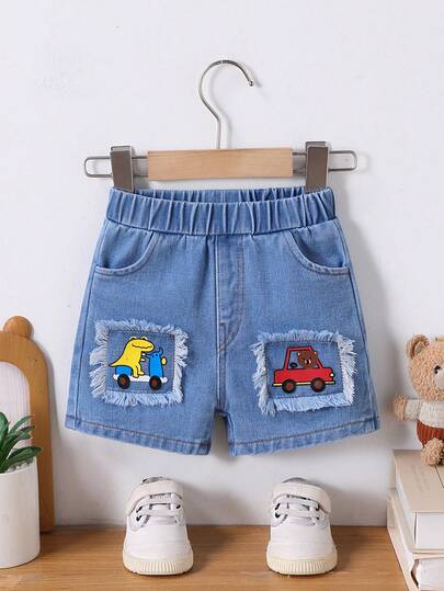Cute Toddler Boys' Denim Shorts, Cartoon Dinosaur & Bear Play Design, Comfortable Summer Outfit