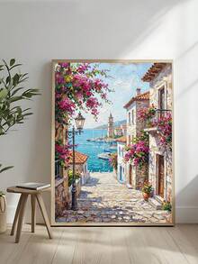 1幅地中海小巷油画，花卉海景墙画，意大利波西塔诺水彩画，阿马尔菲海岸墙画，意大利夏日风景，海滨村庄装饰，海滩日落旅行海报，节日礼物，送给朋友的理想礼物，卧室艺术画，客厅装饰，办公室装饰，厨房装饰，浴室装饰，墙画，墙面装饰，家居装饰，房间装饰，帆布墙画，海报，带框墙画，可选画框 - A - 查看 5