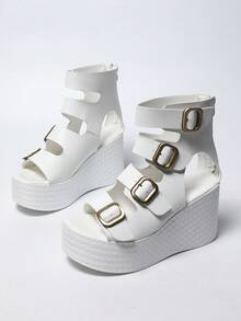 Giày sandal đế cao kiểu La Mã màu trắng mới, kiểu dáng mùa hè, đế dày, trang trí khóa kim loại cổ điển, thiết kế cổ cao khoét rỗng với khóa kéo phía sau, thời trang, đế chống thấm nước, nhẹ, phù hợp với nhiều trang phục. - trắng - Xem 3