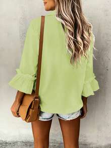 Casual Minimalist Charming Fashion 3/4 Sleeve Button Collar Shirt, Minimalist 3/4 Sleeve Ruffle Cuff Blouse, Women - Fruit Green - View 2