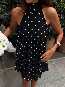 女士优雅黑白波点露背无袖连衣裙，适合优雅度假、日常穿着、下午茶和节日装扮，春夏款 - 黑與白 - 查看 4