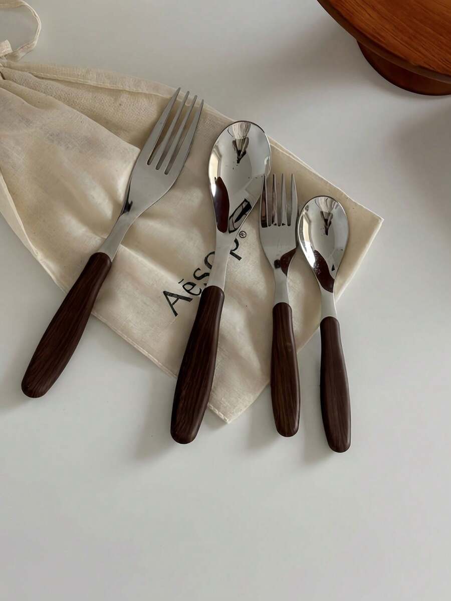1件 Ins風極簡百搭仿木紋不鏽鋼主餐甜點匙叉,家用餐具,適用於咖啡廳、居家、餐廳、派對、舞會、辦公室 - 查看 1