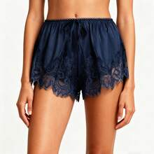 Boho Women's Lace Trim Satin Silk Shorts Shiny Elastic Waist Mini Shorts Pettipants Half Slip Shorts French Knickers Boyshorts For Dresses Full Coverage Underwear Lounge Pants - FJ305-海軍藍 - 查看 8