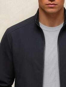 AHTELB Chaqueta de cuello alto para hombre primavera/otoño, chaqueta de entrenador de unicolor de moda casual, diseño de puños acanalados para deportes - Azul Marino - Ver 4