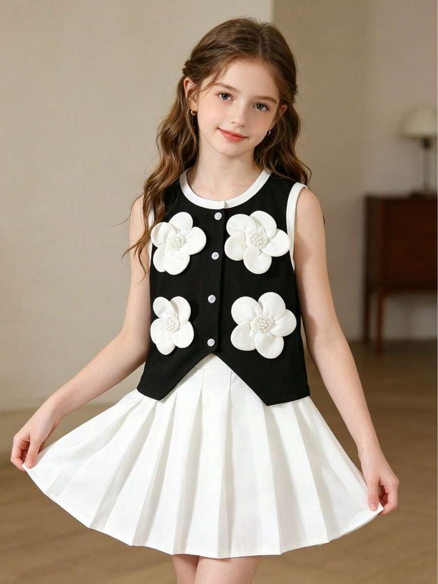 2件套女童户外休闲山茶花3D印花无袖背心和休闲简约时尚百褶裙，夏季 - 彩色 - 查看 1