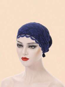1pc Lace Trim Wrap Bonnet Hair Bonnet Turban Valentine's Day Valentines Sleep Bonnet - Navy Blue - View 5
