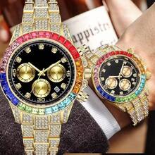 Đồng hồ unisex cao cấp đính kim cương toàn bộ, viền cầu vồng, dây đeo thép mạ vàng, chronograph, máy quartz, phong cách thời trang đường phố hip hop, thiết kế độc đáo, đồng hồ nam quartz, món quà hoàn hảo cho sinh nhật, Ngày Valentine, Ngày của Mẹ, Ngày của Cha. - Nhiều màu - Xem 1