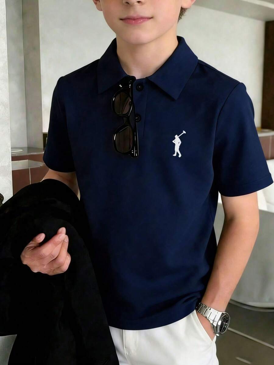 1件青少年男童休闲印花短袖T恤Polo衫,夏季学生上衣 - 藏蓝色 - 查看 1