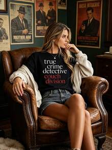 True Crime Detective Couch Division T Shirt Black Tee With Crime Show Lettering, Casual Short Sleeve Crew Neck Top, Machine Washable For All Season For - màu đen - Xem 3