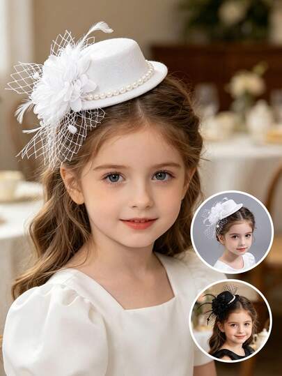 1顶花童迷你帽，儿童珍珠羽毛面纱帽，白色/黑色正式头饰，适合女孩茶会、选美比赛、摄影