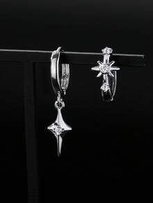 1 Pair Unique Asymmetric Star Hoop Earrings. Can Be Worn Alone Or Stacked, Minimalist Fashionable Geometric Unisex Earrings Suitable For Holidays, Parties, Travel And Daily Wear - Silver - View 2