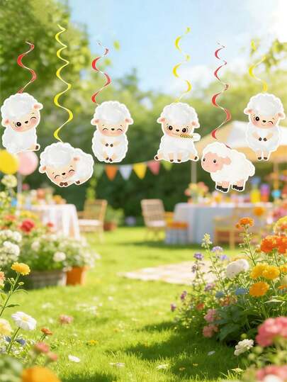 6/12Pcs Eid Al-Adha Sheep Streamers, Cute Cartoon Bunting Hanging Decorations, Summer Indoor & Outdoor Party Ornaments, Lamb Theme Party Supplies For Birthdays, Festivals And Weddings