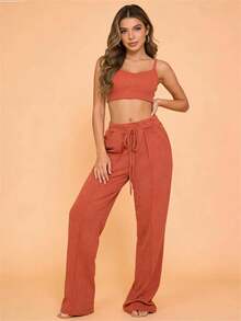 Wide-Leg Pants In Soft Wool Fabric With A Fashionable Pocket. - Color caoba - Ver 3