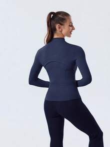 Women's High-Stretch Sculpting BBL Jacket With Thumb Holes Gold Zip Stand Collar Multi-Occasion Activewear Top - Xanh hải quân/Vàng thật - Xem 3