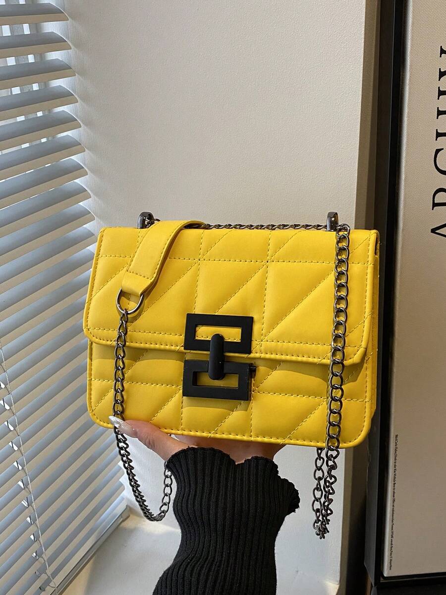 Fashion Solid Color Quilted Square Chain Shoulder Bag, Multifunctional Evening Clutch, Lightweight New Handbag And Wallet, Suitable For Daily Commute Crossbody, Ideal Choice For Office Workers, Casual Coin Purse - Yellow - View 1