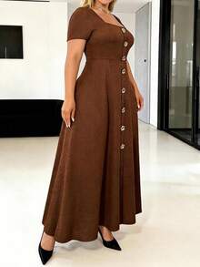 Womens Summer Plus Size Long Dress Solid Color Short Sleeve Square Neck Front Floral Button Decor A Line Dress - Marrón - Ver 2