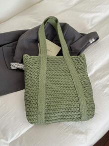 Minimalist Solid Color Large Capacity Commuter Straw Bag, Artistic Wide Braid Handbag, Vacation Style Shoulder Bag - Green - View 11