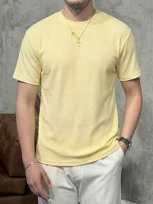 Men's Pale Yellow Ribbed Casual T-Shirt, Stretch Loose Short Sleeve, Commute Camping Beach Fashion Top - Yellow - View 3
