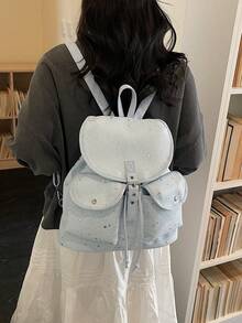 1pc Fashion Plaid Multi-Pocket Nylon Casual Backpack, Y2K Sweet & Cool Drawstring Backpack, College Student Schoolbag - Blue - View 7