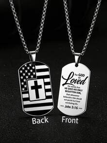 suteyi Men's Dog Tag Cross Necklace, Double-Sided Engraved American Flag And Bible Verse Pendant, Christian Baptism Jewelry Gift - Silver - View 7