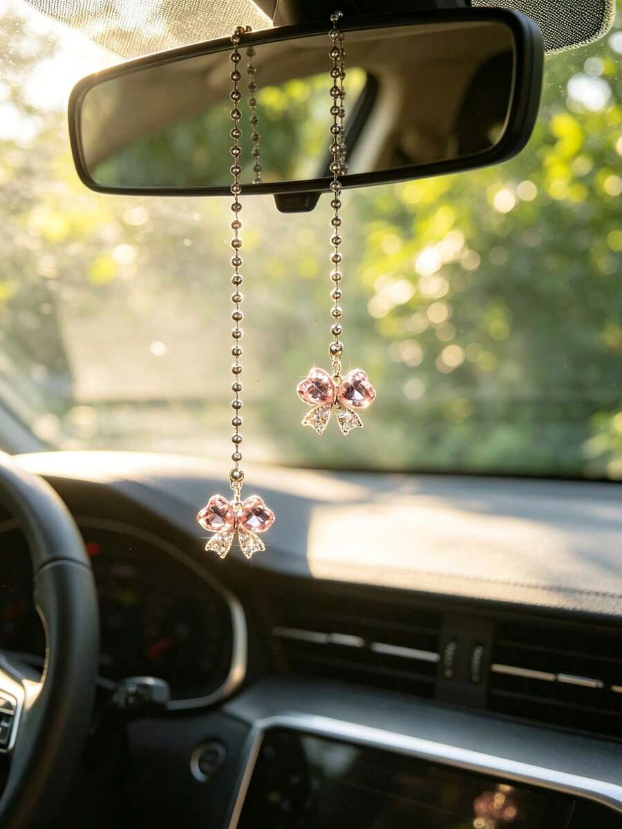 1pc Light Luxury Pink Diamond Bow Car Hanging Accessory Rearview Mirror Decoration Women's Car Interior Decorative Accessories - A - View 1