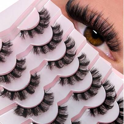 Hinarin 7 Pairs Russian Curl False Eyelashes Russian DD Curly Extension Volume Lifting Look Wispy Soft Faux Mink Fake Eyelash Strips For Festivals Parties Makeup