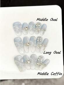 10片手工美甲贴纸，适合派对和日常佩戴，“蝴蝶梦”蓝色海洋冰蓝色3D蝴蝶猫眼设计，清新优雅，矩形/椭圆形/长椭圆形美甲贴纸，易于佩戴，10片Y2K风格手工美甲贴纸，适合女士节日派对音乐节日常佩戴，情人节母亲节礼物 - 淺藍色 - 查看 2