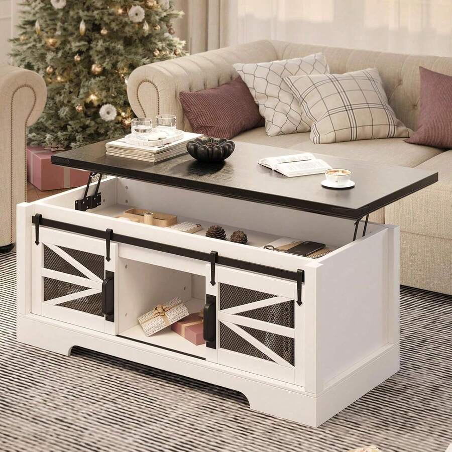 Beaully Lift Top Coffee Table End Table,47.2inch End Table With 2 Sliding Barn Doors Hidden Storage Compartment, Lifting Tabletop, Adjustable Shelf, Rustic Farmhouse Center Table For Dining And Living Spaces - Black and White - View 1