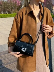 1pc Black Patent Leather Handbag, With Silver Heart Lock & White Heart Print, Flap Closure, Cute Style, For Women - Black - View 2