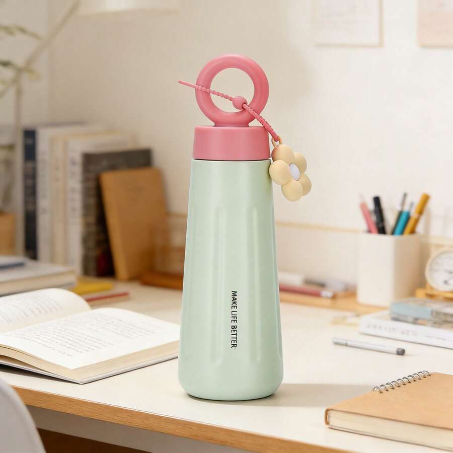 1個 450ml 可愛花朵吊飾保溫水瓶,便攜防漏雙層不鏽鋼真空,適合學生、辦公室、戶外旅行,防震飲料容器禮品 - 彩色 - 查看 1