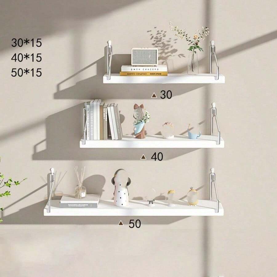 Conjunto de 3 Prateleiras Flutuantes de Parede Sem Furos com Ganchos - Prateleiras de Madeira Contemporâneas para Livros, Cozinha e Sala de Estar - 3 Tamanhos (Grande, Médio, Pequeno) para Exibição de Livros em Decoração Moderna e Minimalista - Branco - Ver 1