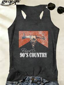 180G Vest Casual Summer Top Raised On 90s Country Bull Skull Print Sleeveless Tank Top Western Style Women's Casual Top,Vacation Outfit,Summer Clothes - 深灰色 - 查看 2