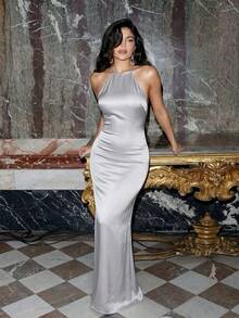 Đầm phù dâu dài thanh lịch không dây vai, chất liệu vải dệt, lưng hở, khóa kéo, thích hợp cho tiệc tối. - màu xám bạc - Xem 7