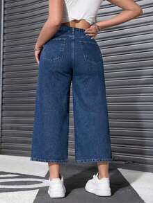 Jeans bleu marine grande taille à taille haute et jambes évasées, pantalon en jean délavé à taille élastique 7/8 longueur, décontracté pour le printemps - Jean brut - Voir 4