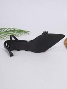 Pointed Toe High Heel Sandals With Elastic Ankle Strap, Solid Color Patent Leather One-Piece Slip-On, Commuting Business, Dating Wear, Spring/Summer - Diagonal Black - View 8