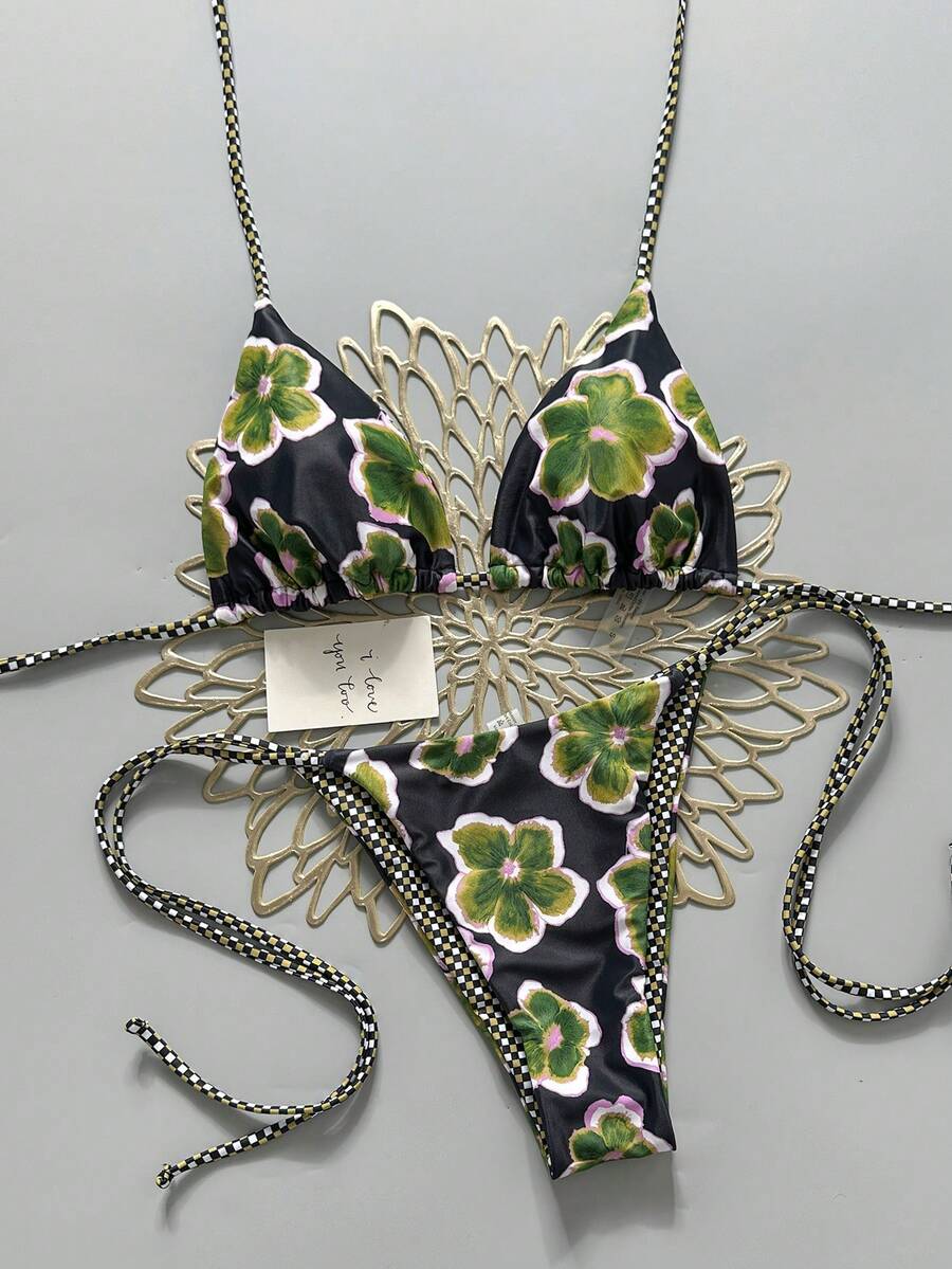 2pcs Retro Floral Colorblock Plaid Print Bikini Swimwear, Suitable For Beach, Pool, Cruise, Party In Spring And Summer Vacation