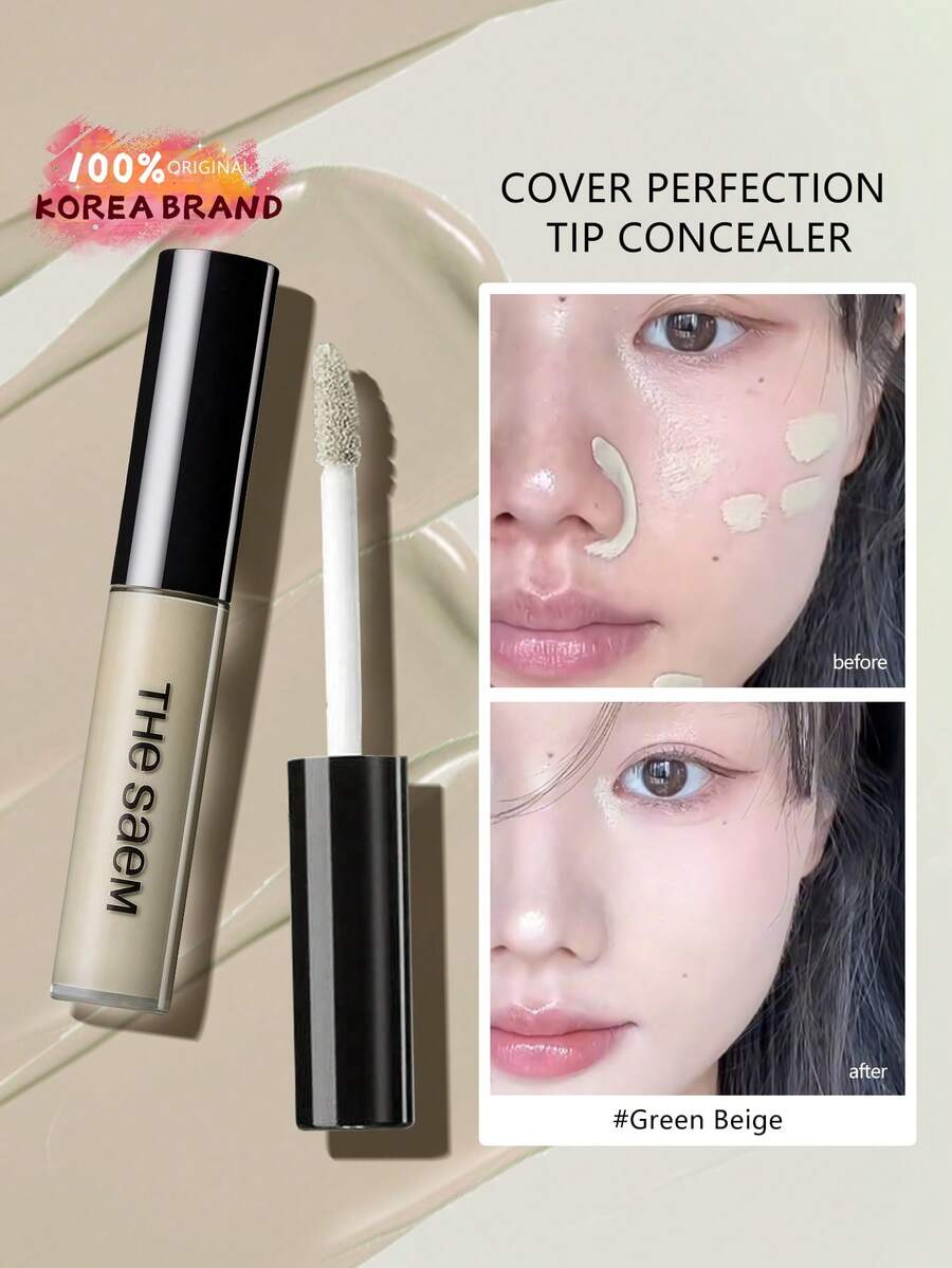 the SAEM Cover Perfection Tip Concealer, Green & Beige, Multi-Purpose Liquid Concealer, Full Coverage Makeup, Suitable For Acne, Dark Spots, Dark Circles, Pigmentation And Blemishes, K-Beauty, Korean Cosmetics - 6.5g/0.23oz.