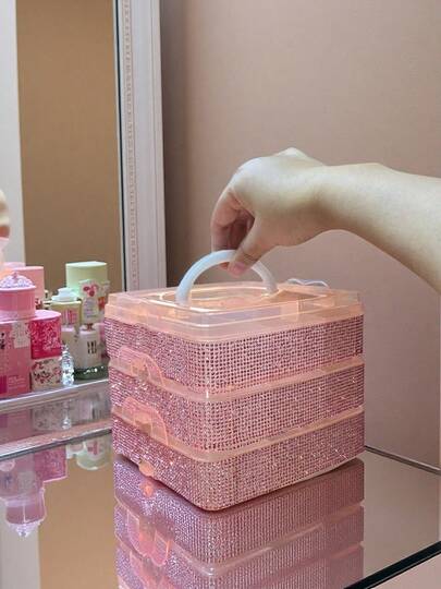 Rhinestone Decorated 3-Tier 18-Grid Handheld Detachable Storage Box, Hardware Tool Organizer, Bead Storage Container