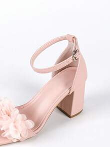 Sandalias de tacón alto con puntera cuadrada y decoración floral rosa para mujer, con correa de tobillo, zapatos de boda y novia, zapatos de verano - Rosa - Ver 7
